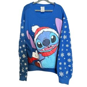 Disney Stitch Light Up Christmas Crew Neck Sweatshirt‎ Blue Snowflake Size L